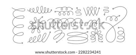 Line spiral spring arrow vector illustration set. Y2k aesthetic design element. Springy flexible object. Modern minimalist linear elements, trendy outline arrows. Different zigzag, coil, wave