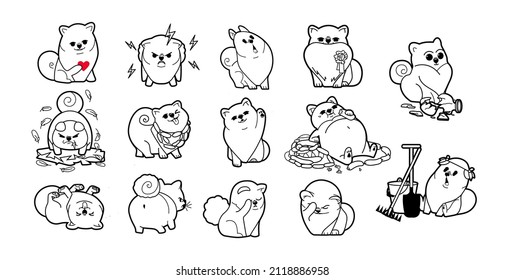 Line Spitz dog sticker set. Small cute puppy. Dog vector cartoon character. Isolated on white background. Outline contour cute dog