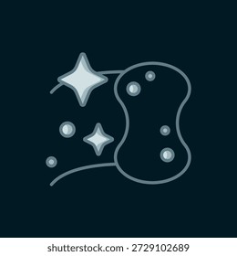 Línea icono de esponja aislado sobre fondo negro. Botín de cesta para lavar platos. Logotipo del servicio de limpieza. Estilo de contorno relleno plano con sombra. Vector