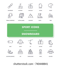 Line sport icons set. Snowboard pack. Vector illustration for winter activity