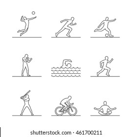 Line sports silhouettes. Vector icon volleyball, run, soccer, boxing, swim, baseball, cycling and yoga. Open path.