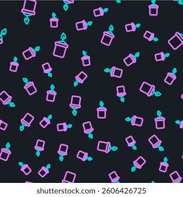 Line Sprout in bottle icon isolated seamless pattern on black background. Seed and seedling. Leaves sign. Leaf nature.  Vector
