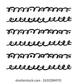 Line Squiggle Doodle Border Set. Wavy Underline Curve Frame Decoration Collection. Handdrawn Vector Divider Element
