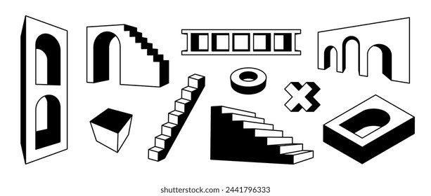 Line stairs and arches set. Black white surreal geometric element collection. 3d perspective arc door, ladder, staircase, gate bundle. Trippy shapes for collage, poster, banner, sticker. Vector pack