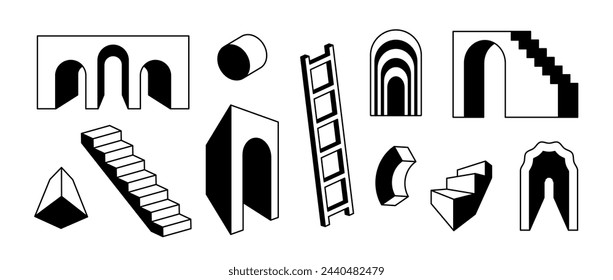 Line stairs and arcs set. Black white surreal geometric element collection. 3d perspective arch door, ladder, staircase, gate bundle. Retro shapes for collage, poster, banner, sticker. Vector art pack