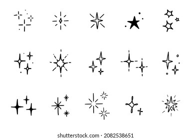 Line star glitter shine of doodle set. Star shine glow, spark glitter, sparkle light vector illustration. Hand drawn sketch doodle style.