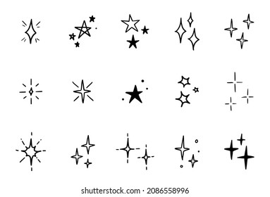 Line star glitter shine of doodle set. Star shine glow, spark glitter, sparkle light vector illustration. Hand drawn sketch doodle style.