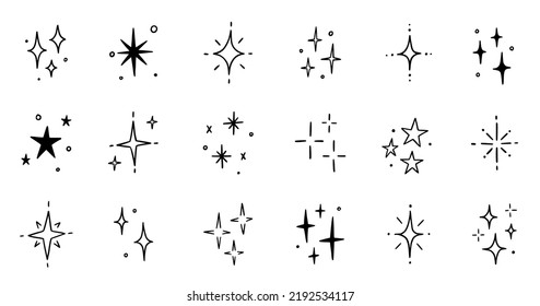 Line star glitter shine of doodle set. Star shine glow, spark glitter, sparkle light vector illustration. Hand drawn sketch doodle style..