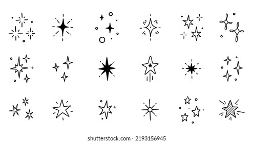 Line star glitter shine of doodle set. Star shine glow, spark glitter, sparkle light vector illustration. Hand drawn sketch doodle style..