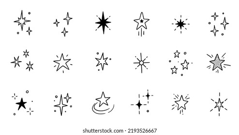 Line star glitter shine of doodle set. Star shine glow, spark glitter, sparkle light vector illustration. Hand drawn sketch doodle style..