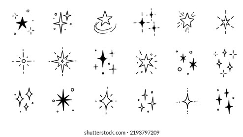 Line star glitter shine of doodle set. Star shine glow, spark glitter, sparkle light vector illustration. Hand drawn sketch doodle style..