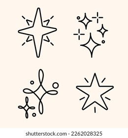 Line star glitter shine of doodle set. Star shine glow, spark glitter, sparkle light vector illustration. Hand drawn sketch doodle style..