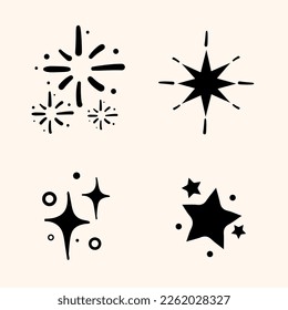 Line star glitter shine of doodle set. Star shine glow, spark glitter, sparkle light vector illustration. Hand drawn sketch doodle style..