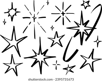 Line star glitter shine of doodle set. Hand drawn brush stoke, cute doodle glitter pen line elements. Star shine glow, spark glitter, sparkle light vector illustration.