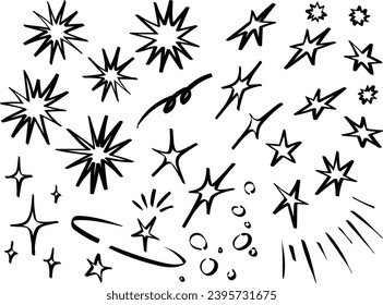 Line star glitter shine of doodle set. Hand drawn brush stoke, cute doodle glitter pen line elements. Star shine glow, burst, spark glitter, sparkle light vector illustration.