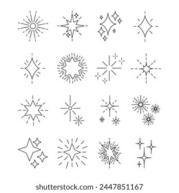 Line star glitter shine of doodle set. Sparkle, twinkle and starburst icons, vector bright spark symbols. Vector illustration
