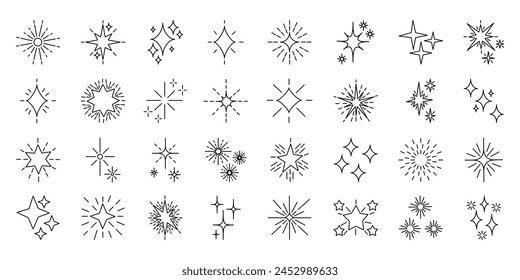 Line star glitter shine of doodle set. Sparkle, twinkle and starburst icons, vector bright spark symbols. Vector illustration