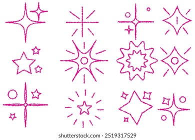 Line star glitter shine of doodle set. Star shine glow, spark glitter, sparkle light vector illustration. Hand drawn sketch doodle style..