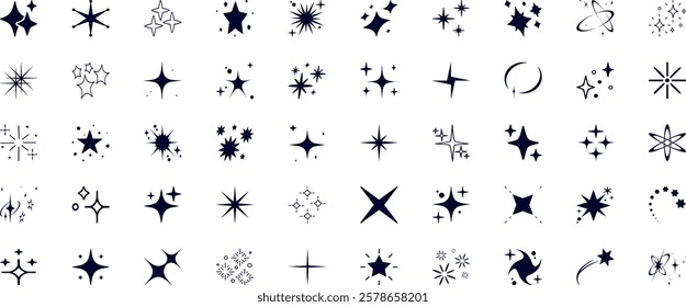 Line star glitter shine of doodle set. Star shine glow, spark glitter, sparkle light vector illustration. Hand drawn sketch doodle style.