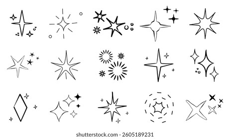 Line star glitter shine of doodle set. Star shine glow, spark glitter, sparkle light vector illustration. Hand drawn sketch doodle style.