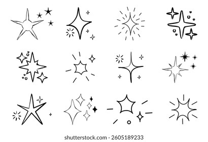 Line star glitter shine of doodle set. Star shine glow, spark glitter, sparkle light vector illustration. Hand drawn sketch doodle style.