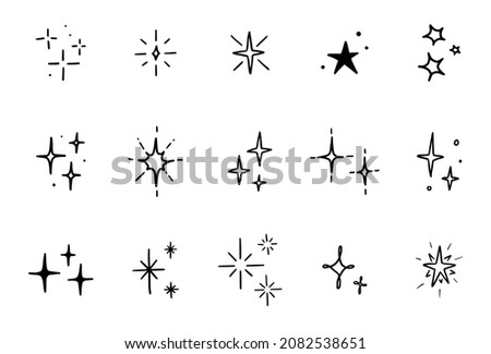 Line star glitter shine of doodle set. Star shine glow, spark glitter, sparkle light vector illustration. Hand drawn sketch doodle style.