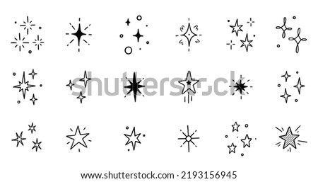 Line star glitter shine of doodle set. Star shine glow, spark glitter, sparkle light vector illustration. Hand drawn sketch doodle style..