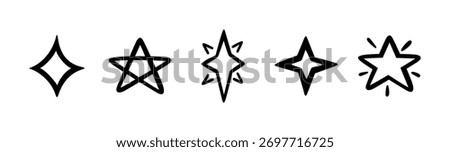 Line star glitter shine. Hand drawn doodle shine star burst sign. Sketch magic blink set. Doodle spark shape icon design element. Vector illustration on white background.