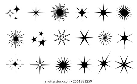 Line star glitter shine set. Doodle Star shine glow, blinking stars, spark glitter, sparkle light. Space cosmos galaxy aesthetic. Vector glint glitter illustration