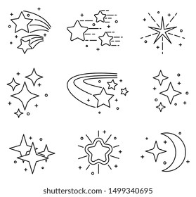 Line Star Shapes Set. Christmas Rising Stars Decoration Linear Objects. Award And Rating Shape Isolated Vector Collection