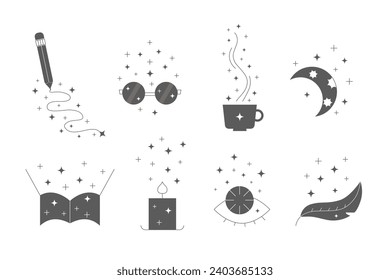 Line starlight compositions. Shine sparcle stars on glasses, cup, diary, book, candle silhouette.