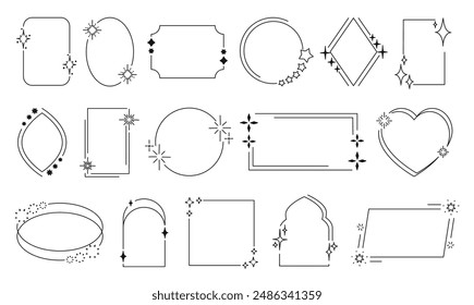Line starry frames. Decorative shiny frame with star glitter sparks, simple magical twinkle borders and glittering shapes. Minimalist aesthetic vector isolated set. y2k minimal trendy graphic.
