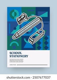 Line stationery. School education. Studying supplies. Abstract geometric shapes. Pen and marker for students writing. College flyer. Outline drawing eraser or sharpener. Brutalist design vector poster