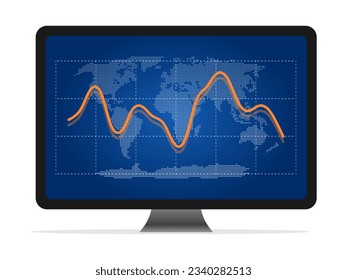 Line Statistics and world map on screen vector isolated on white background. Analyzing and gathering statistical data. Growth charts. Many business reports with statistic vector.