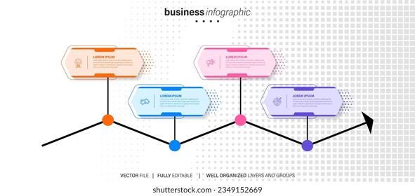 infografía de pasos de línea. diagrama de flujo de trabajo de 4 opciones, gráfico de números de línea de tiempo de círculo, gráfico de pasos de proceso. Infografía de vector lineal. Flecha infográfica de orden de proceso e ilustración de punto de pasos
