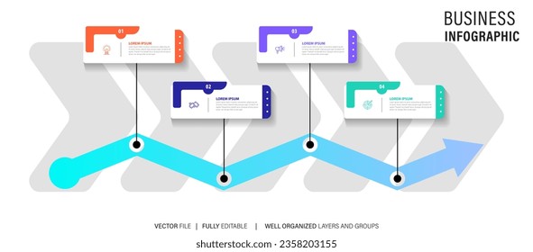 Infografik der Zeilenschritte. 4 Optionen Workflow-Diagramm, Zahleninformation, Prozessschrittdiagramm mit Zeilensymbole. Informationsvektorkonzept. Illustration von Stufeninformationsplan und Infografik