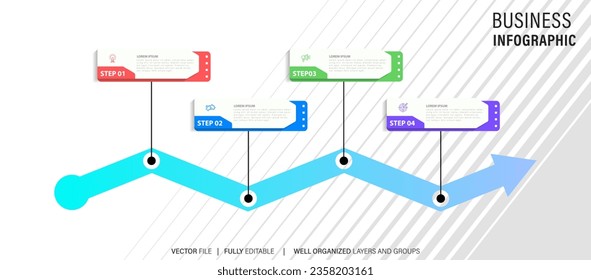 infografía de pasos de línea. diagrama de flujo de trabajo de 4 opciones, infografía de números, gráfico de pasos de proceso con iconos de línea. Concepto de vector de información. Ilustración de la gráfica de información escalonada e infografía