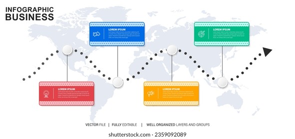 infografía de pasos de línea. diagrama de flujo de trabajo de 4 opciones, infografía de número de línea de tiempo de flecha, gráfico de pasos de proceso. Infografía de vector lineal. Flecha infográfica de orden de proceso e ilustración de punto de pasos
