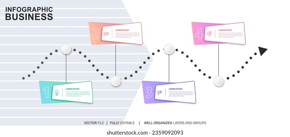 infografía de pasos de línea. diagrama de flujo de trabajo de 4 opciones, infografía de número de línea de tiempo de flecha, gráfico de pasos de proceso. Infografía de vector lineal. Flecha infográfica de orden de proceso e ilustración de punto de pasos