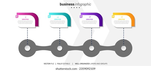 infografía de pasos de línea. diagrama de flujo de trabajo de 4 opciones, infografía de número de línea de tiempo de flecha, gráfico de pasos de proceso. Infografía de vector lineal. Flecha infográfica de orden de proceso e ilustración de punto de pasos