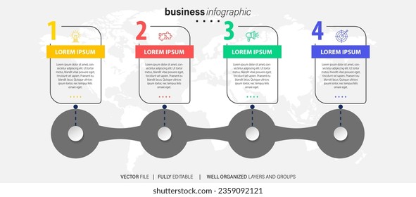 infografía de pasos de línea. diagrama de flujo de trabajo de 4 opciones, infografía de número de línea de tiempo de flecha, gráfico de pasos de proceso. Infografía de vector lineal. Flecha infográfica de orden de proceso e ilustración de punto de pasos