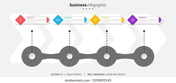 infografía de pasos de línea. diagrama de flujo de trabajo de 4 opciones, infografía de número de línea de tiempo de flecha, gráfico de pasos de proceso. Infografía de vector lineal. Flecha infográfica de orden de proceso e ilustración de punto de pasos
