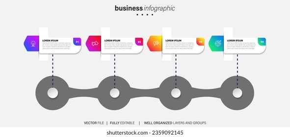infografía de pasos de línea. diagrama de flujo de trabajo de 4 opciones, infografía de número de línea de tiempo de flecha, gráfico de pasos de proceso. Infografía de vector lineal. Flecha infográfica de orden de proceso e ilustración de punto de pasos