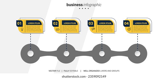 infografía de pasos de línea. diagrama de flujo de trabajo de 4 opciones, infografía de número de línea de tiempo de flecha, gráfico de pasos de proceso. Infografía de vector lineal. Flecha infográfica de orden de proceso e ilustración de punto de pasos
