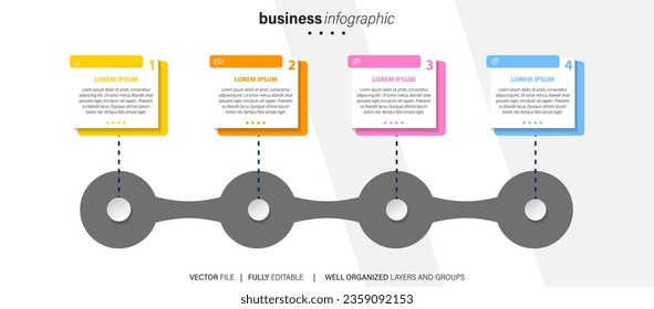 infografía de pasos de línea. diagrama de flujo de trabajo de 4 opciones, infografía de número de línea de tiempo de flecha, gráfico de pasos de proceso. Infografía de vector lineal. Flecha infográfica de orden de proceso e ilustración de punto de pasos