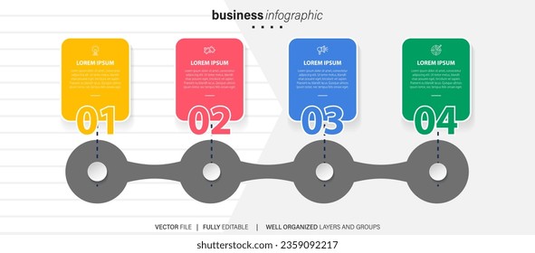 Line step infographic. 4 options workflow diagram, arrow timeline number infograph, process steps chart. Linear vector infographics. Process order infographic arrow and steps point illustration