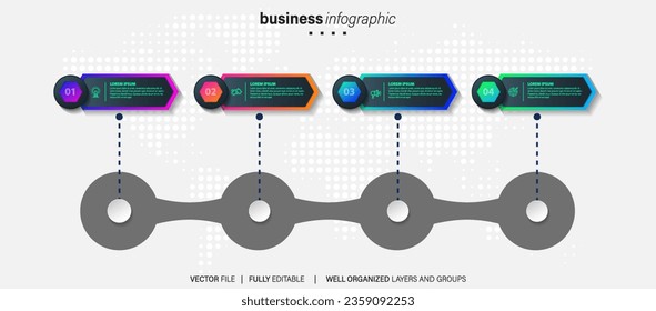 infografía de pasos de línea. diagrama de flujo de trabajo de 4 opciones, infografía de número de línea de tiempo de flecha, gráfico de pasos de proceso. Infografía de vector lineal. Flecha infográfica de orden de proceso e ilustración de punto de pasos