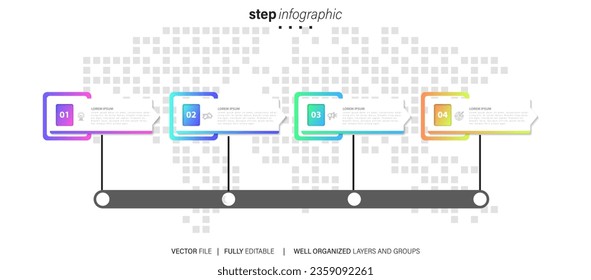 infografía de pasos de línea. diagrama de flujo de trabajo de 4 opciones, infografía de número de línea de tiempo de flecha, gráfico de pasos de proceso. Infografía de vector lineal. Flecha infográfica de orden de proceso e ilustración de punto de pasos