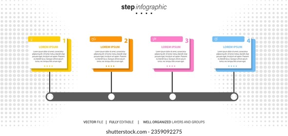 infografía de pasos de línea. diagrama de flujo de trabajo de 4 opciones, infografía de número de línea de tiempo de flecha, gráfico de pasos de proceso. Infografía de vector lineal. Flecha infográfica de orden de proceso e ilustración de punto de pasos