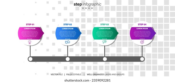 Line step infographic. 4 options workflow diagram, arrow timeline number infograph, process steps chart. Linear vector infographics. Process order infographic arrow and steps point illustration